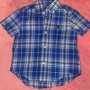 Ralph Lauren Boys' Polo Button-Down Shirt, Short Sleeve, White/Blue Size 2T